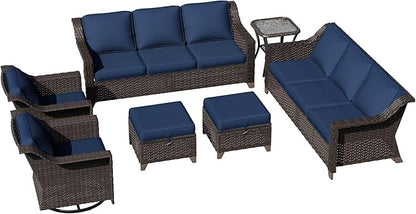 7 Pieces Patio Conversation Furniture Set - 2 Sofas, 2 Ottomans, 2 Swivel Chairs, 1 Side Table, Outdoor Wicker Furniture with Removable Cushions for Porch, Balcony, Sunroom (Blue)
