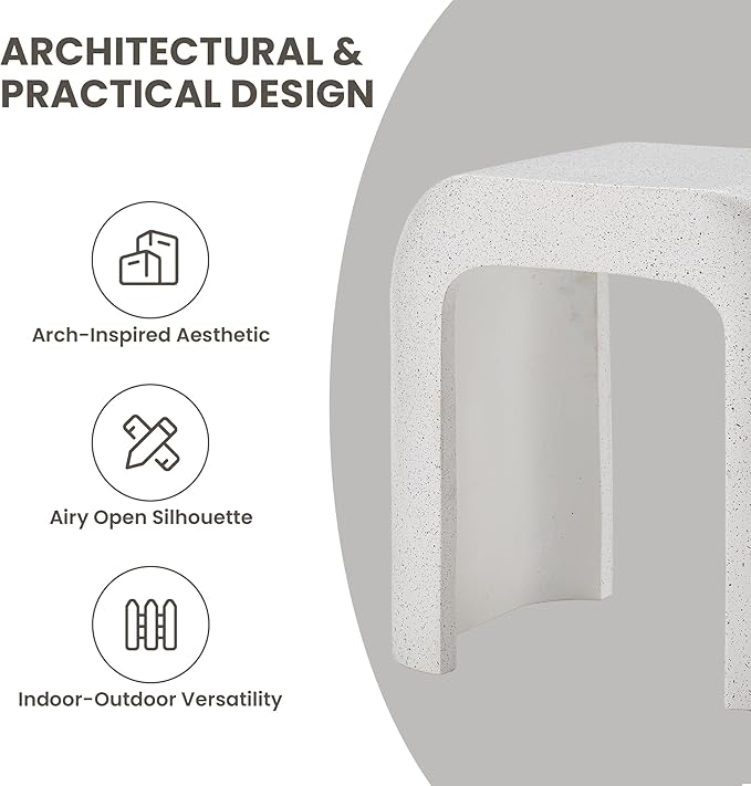 COSIEST White Outdoor Side Table, 17.7" Modern Concrete End Table with Arched Open for Patio, Small Outside Accent Table & Plant Stand for Garden, Porch, Deck, Balcony