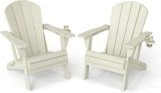 Kingdura Folding Adirondack Chairs Set of 2, Portable HDPE Outdoor Patio Chair with Wooden Textured & Cup Holder, All Weather Resistant, 380LBS Capacity for Pool, Backyard, Balcony, Fire Pit (White)