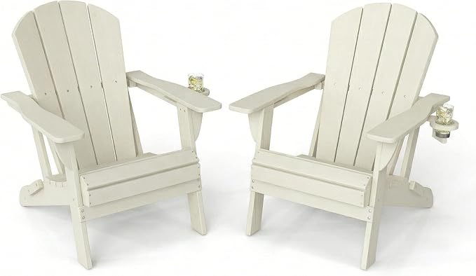 Kingdura Folding Adirondack Chairs Set of 2, Portable HDPE All Weather Resistant Outdoor Patio Chair, Wooden Textured with Cup Holder, 380LBS Capacity for Poolside, Backyard, Fire Pit (White)