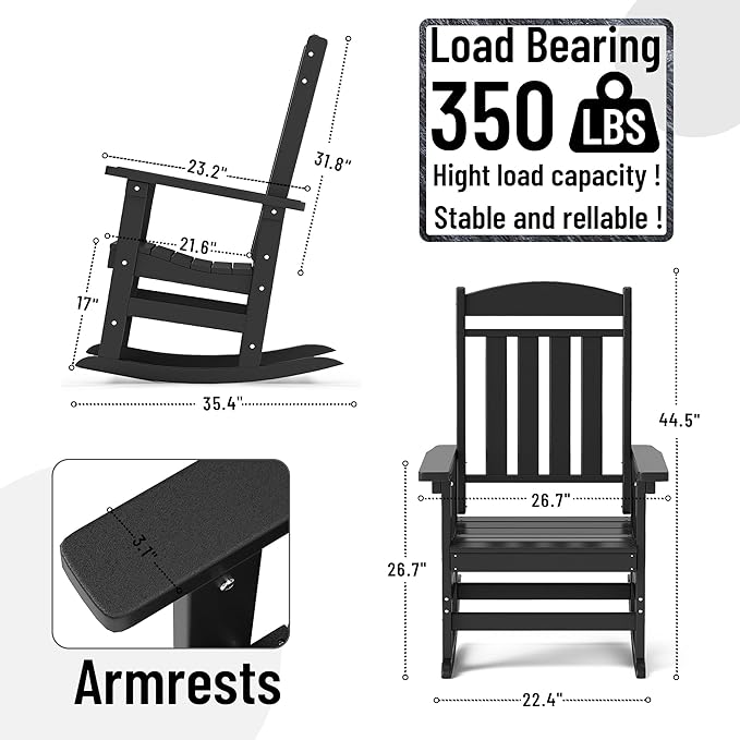 Outdoor Rocking Chairs Set of 8, Oversized High Back Patio Rocking Chairs, All Weather Porch Rocking Chairs for Outside. Black