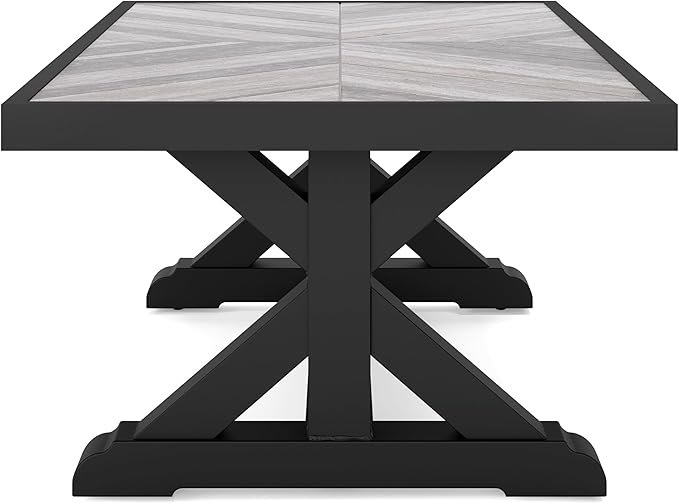 Signature Design by Ashley Beachcroft Farmhouse Weather and Rust Resistant Outdoor Coffee Table with Porcelain Tabletop, Black & Light Gray