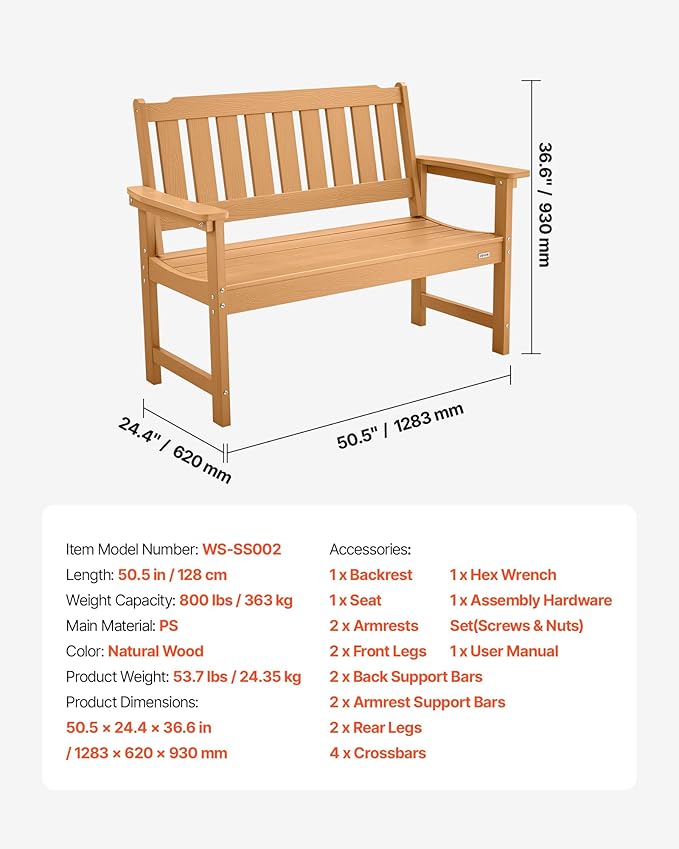 VEVOR Outdoor Bench, 50.5 inch, 800 lbs Weight Capacity for 2-3 Persons, Weatherproof Plastic Frame with Backrest and Wide Armrests, Outside Bench for Patio, Garden, Park, Yard, Natural Wood Color