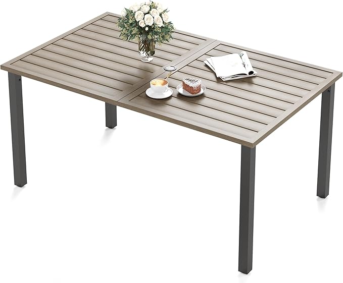 60" Patio Dining Table for 6, Teak Color Rectangle Patio Table with Umbrella Hole - Photo 1