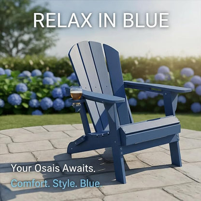 GLANC Folding Adirondack Chair Set of 2, HDPE All-Weather Outdoor Patio Fire Pit Chairs Lawn Chair for Poolside Backyard Deck Balcony, Wooden Textured with Cup Holder, 380LBS Capacity (Navy Blue)