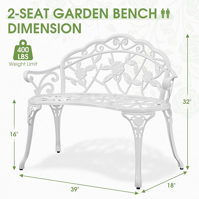 Outdoor Bench, Cast Aluminum Double Seating with Backrest and Armrests, Mental Outdoor Furniture for Patio, Porch, Garden, Park, White Rose