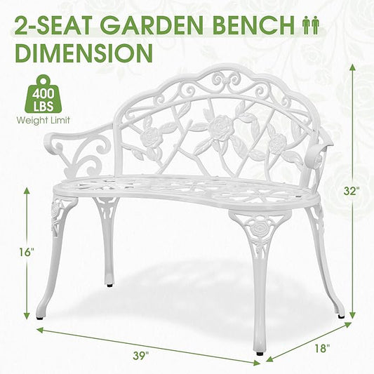 Outdoor Bench, Cast Aluminum Double Seating with Backrest and Armrests, Mental Outdoor Furniture for Patio, Porch, Garden, Park, White Rose