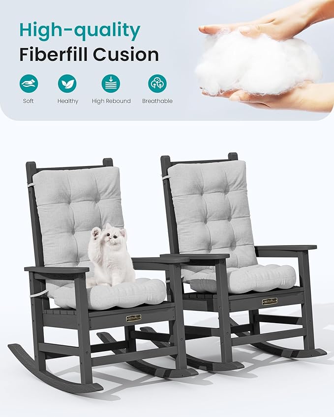 SERWALL HDPE Outdoor Rocking Chair Cushion Set of 4, Memory Foam Cushion Gray