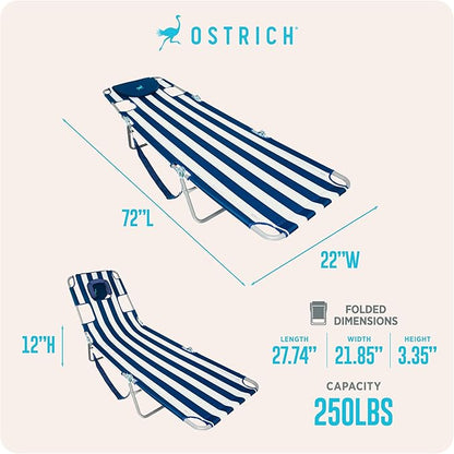 Ostrich Beach Lounge Chair, Folding & Reclining Outdoor Chaise Lounger, Blue/White Striped - Portable Adjustable Recliner Chair for Lawn, Pool, Patio, Garden, and Yard