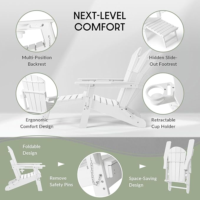 WestinTrends Malibu Folding Adjustable Adirondack Chair with Retractable Ottoman and Cup Holder (Set of 2), White - Photo 8