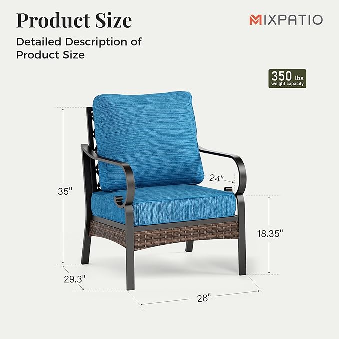 Outdoor Patio Leg Sofa Chairs Set of 2 Steel Frame Porch Furniture with Deep Seating and 5.75" Cushions for Lawn Backyard Deck, Peacock Blue
