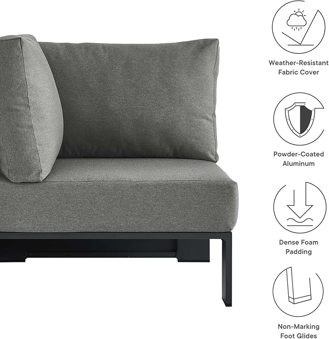 Modway Tahoe Aluminum Outdoor Sectional Corner Chair in Gray Charcoal with Weather-Resistant Cushions, Deep Seat Modular for Patio Furniture Lounge Set