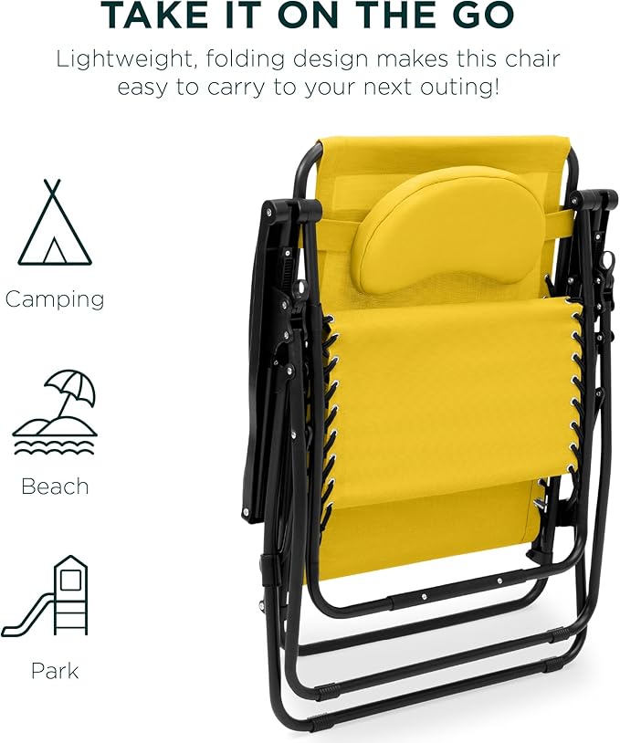 Best Choice Products Oversized Zero Gravity Chair, Folding Outdoor Patio Lounge Recliner w/Cup Holder Accessory Tray, Pillow - Sunflower Yellow