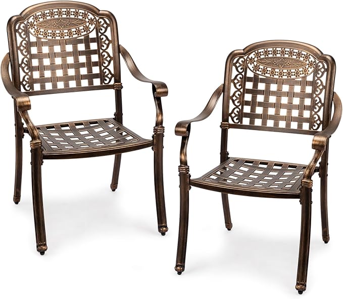 VINGLI Patio Chairs Set of 2 - Stackable Outdoor Cast Aluminum Dining Chairs with Vintage Bronze Finish and Plaid Pattern, Metal Armchairs for Poolside, Backyard, Balcony (No Cushion)