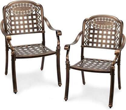 VINGLI Patio Chairs Set of 2 - Stackable Outdoor Cast Aluminum Dining Chairs with Vintage Bronze Finish and Plaid Pattern, Metal Armchairs for Poolside, Backyard, Balcony (No Cushion)