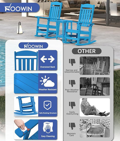 FOOWIN Outdoor Rocking Chair, High Back Patio Rocking Chair, HDPE All Weather Resistant Porch Rocker for Adult, Oversized Rocking Chairs for Garden, Lawn, Indoor & Outdoor Use, Pacific Blue