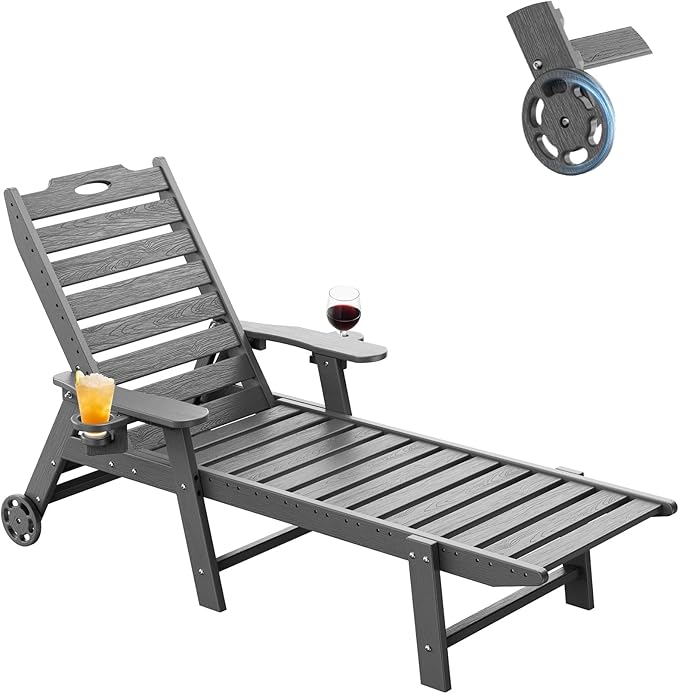 Carauci Lounge Chair Outdoor, HDPE Chaise Lounge with Wheels - Photo 1