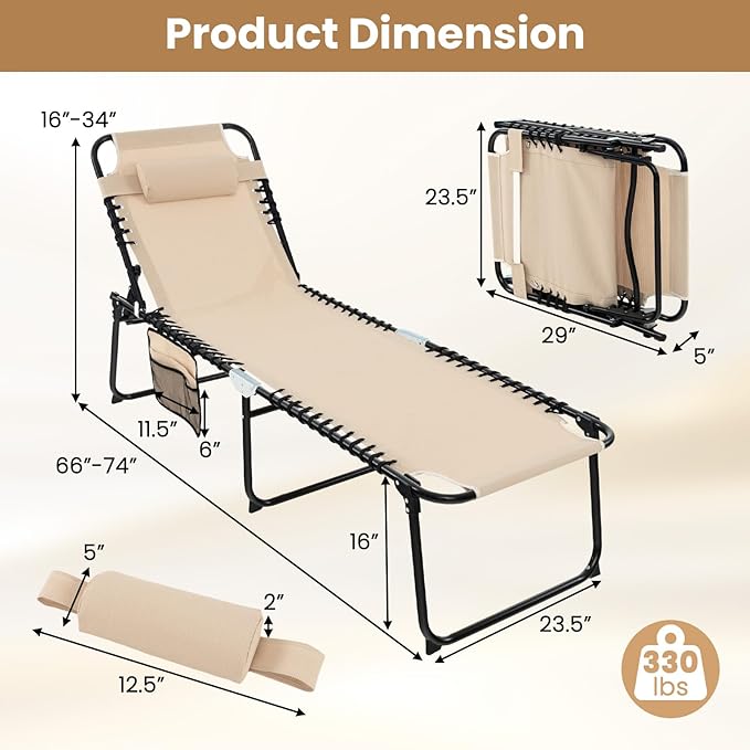 GYMAX Lounge Chairs for Outside, Extra High Folding Beach Tanning Lounger with Adjustable Backrest - Photo 3