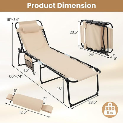 GYMAX Lounge Chairs for Outside, Extra High Folding Beach Tanning Lounger with Adjustable Backrest, Footrest & Removable Pillow, Sunbathing Lounge for Patio, Poolside (2, Sand with Pocket)