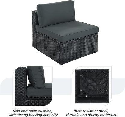 Quarte 7 Piece Outdoor Patio Furniture Sofa Sets,All Weather Rattan Conversation Sofa Set with Striped Green Pillows/Tempered Glass Coffee Table for Garden, Deck