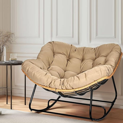 Outdoor Egg Rocking Chair, Indoor Papasan Rocking Chair with Thick Cushion, Modern Lounge Rocker for Balcony, Living Room, Bedroom, Porch, Lawn, Garden (Yellow)
