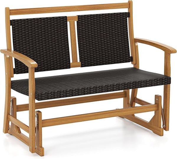 Tangkula Patio Rattan Glider Bench, Swing Gliding Rocker w/Acacia Wood Frame & Wicker Seat Back - Photo 1