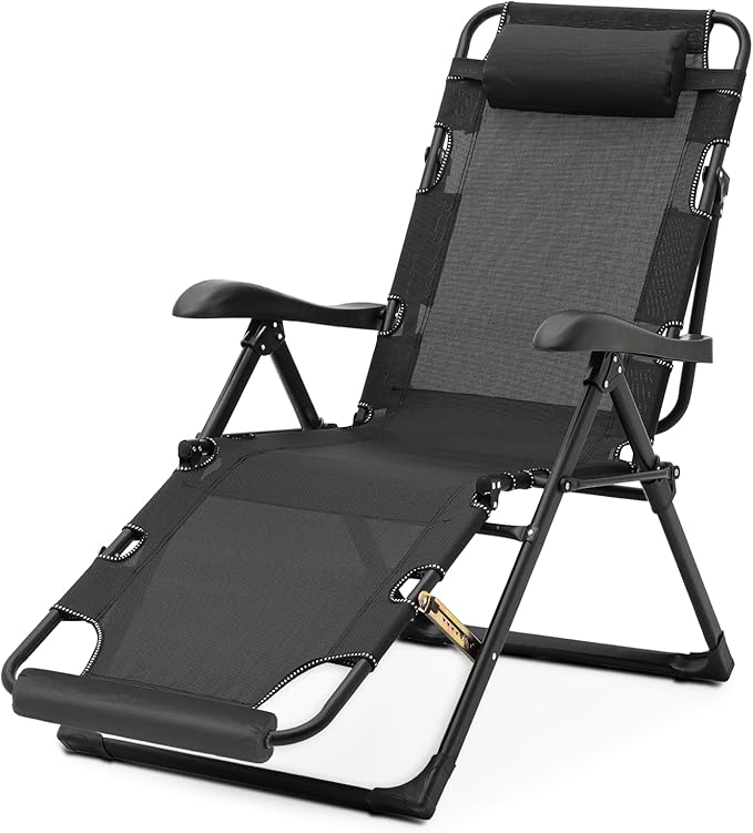 Magshion Lounge Chair Folding Patio Recliner, Outdoor Adjustable Dining Reclining Chairs with Adjustable Headrest & Foot Rest Cushion for Deck Patio Beach Yard, 330lbs Weight Capacity, Black