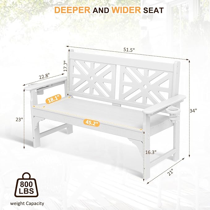 nalone Outdoor Bench with Cup Holders, HDPE All Weather Porch Bench Load up to 800 Lbs, 2-Person Garden Benches Rot-Proof Fade Proof for Patio, Porch, and Park (White)