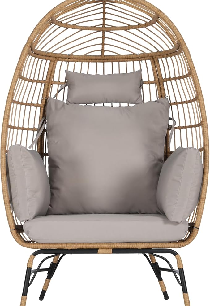 Oversized Wicker Egg Chair with Ottoman, Rattan Patio Egg Chair with Stand and Thick Cushions, Indoor Outdoor Lounge Chair for Backyard, Balcony, Living Room, Light Gray ＋Ottoman