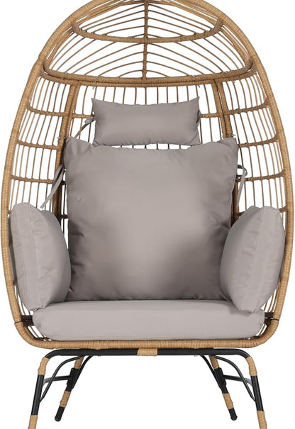 Oversized Wicker Egg Chair with Ottoman, Rattan Patio Egg Chair with Stand and Thick Cushions, Indoor Outdoor Lounge Chair for Backyard, Balcony, Living Room, Light Gray ＋Ottoman