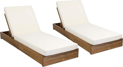 Abraham Outdoor Acacia Wood Chaise Lounge with Cushion (Set of 2), Teak and Cream