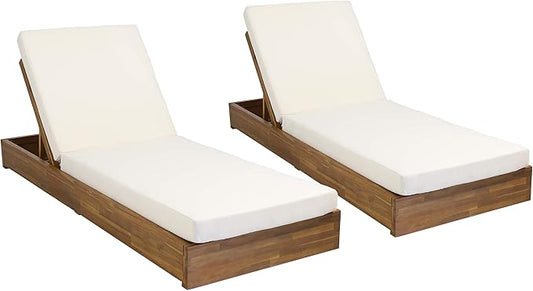 Abraham Outdoor Acacia Wood Chaise Lounge with Cushion (Set of 2), Teak and Cream