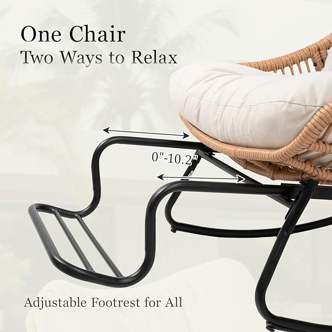 Outdoor Papasan Rocking Chair with Adjustable Footrest, Comfy Outdoor Lounge Chairs Heavy Duty Oversized Rocking Egg Chair Perfect for Patio Deck Garden and Indoor Use