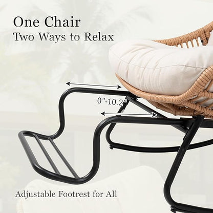 Outdoor Papasan Rocking Chair with Adjustable Footrest, Comfy Outdoor Lounge Chairs Heavy Duty Oversized Rocking Egg Chair Perfect for Patio Deck Garden and Indoor Use