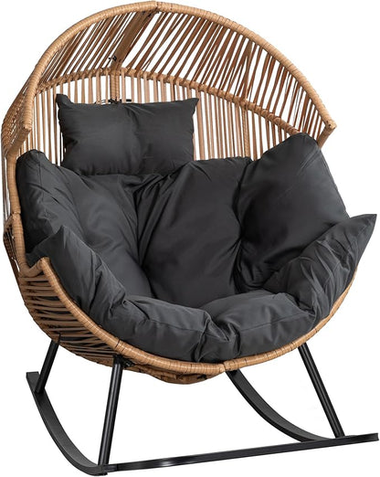 Shintenchi Wicker Egg Chair,Outdoor Indoor Rocking Chair,Large PE Rattan Rocking Chair with Cushion for Patio, Balcony, Backyard, Garden,Deep Grey