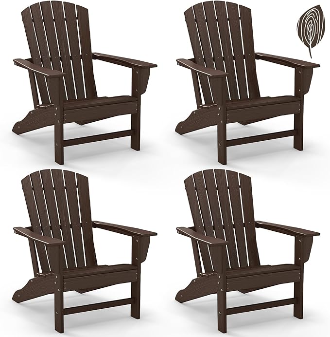 GREENVINES Adirondack Chairs Set of 4 | Wood Grain HDPE Plastic | Oversized Fire Pit Chair | All Weather | Dark Brown | Poly Lumber | for Outdoor Deck Backyard Patio Garden