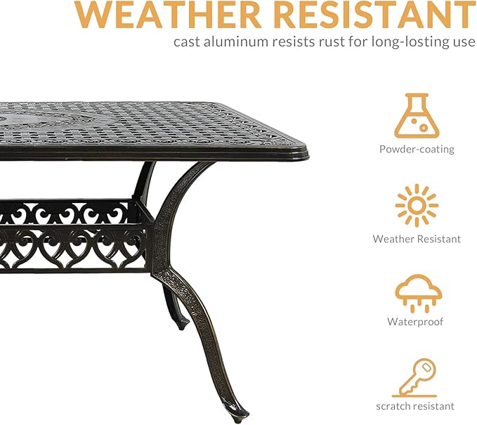 Outdoor Cast Aluminum Patio Table, 60” Rectangular Bistro Table with 2’’ Umbrella Hole for Patio Furniture Garden Deck Backyard