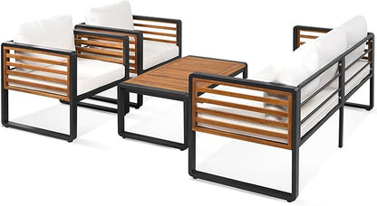 Large Size 4-Pieces Outdoor Furniture Sofa for 5 Person Conversation Set, Garden Sofa Set with Removable Cushion, Metal and Wood Frame Sofa Set, Thick Cushions, Acacia Wood Tabletop, Beige