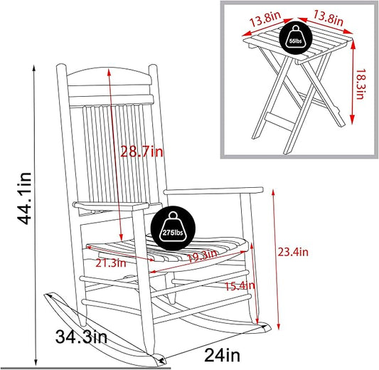 MUPATER Outdoor Rocking Chair Sets 3-Piece, Bistro Table and Chairs Set of 2,Patio Wooden Rocker Bistro Set with Foldable Table and Curved Seat, White