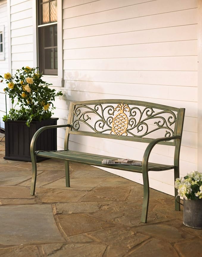 Evergreen Weatherproof Pineapple Outdoor Bench | Holds Up to 300 lbs | Garden Patio Porch Park Deck | Metal | Green