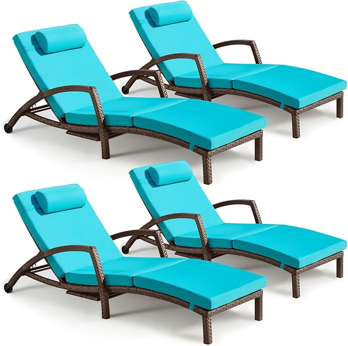Chaise Lounge Chairs Outdoor Set of 4, Comfy Outside Wicker Patio Pool Lounge Chair w/ 5 Adjustable Back Angle - Photo 1
