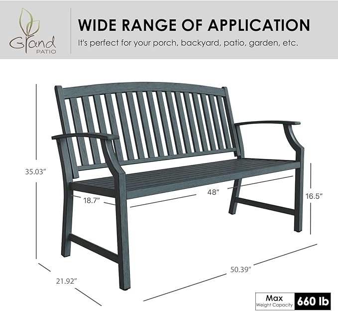 Grand patio 52" Farmhouse Outdoor Bench, Garden Benches with Rust Free Metal Powder Coated Frame and Aluminum Backrest, Faux Wood Grain Finish Frame Patio Bench for Front Porch, Weathered Blue