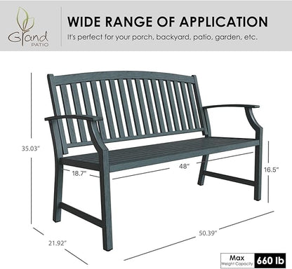Grand patio 52" Farmhouse Outdoor Bench, Garden Benches with Rust Free Metal Powder Coated Frame and Aluminum Backrest, Faux Wood Grain Finish Frame Patio Bench for Front Porch, Weathered Blue