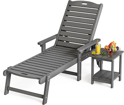 LUE BONA HDPS Chaise Lounge Chair with Table, 2-Piece, Outdoor Pool Lounge Chairs with Adjustable Backrest, Resin Patio Lounge Chairs with Wheels for Outside, Dark Gray