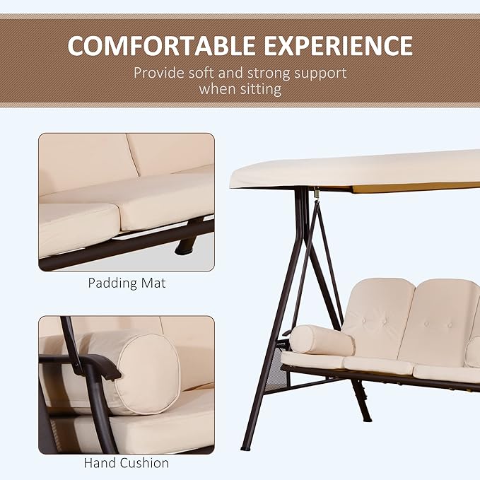 Outsunny 3-Seat Patio Swing Chair, Outdoor Porch Swing Glider with Adjustable Canopy, Removable Cushion, Pillows and Side Trays, for Garden, Poolside, Backyard, Beige