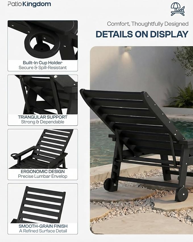 Adjustable Lounge Chair Outdoor Set of 8, HDPE Outdoor Chaise Lounge with Cup Holder & Wheels - Photo 3