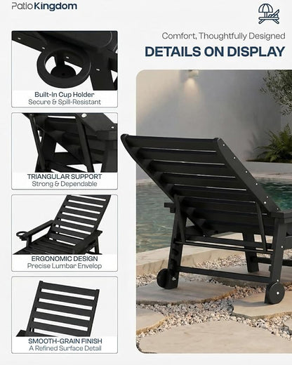 Adjustable Lounge Chair Outdoor Set of 8, HDPE Outdoor Chaise Lounge with Cup Holder & Wheels, Pool Lounge Chairs for Poolside, Backyard Pool, Patio, Beach, Deck, (Black)