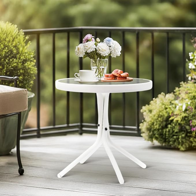 VINGLI Outdoor Side Table, 18" Patio Table Steel Frame Tempered Glass Top, Weatherproof Small Tables for Balcony Garden Poolside (White, Round)