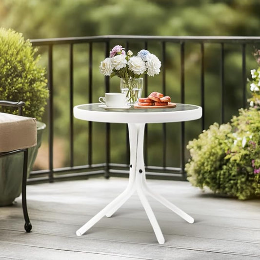VINGLI Outdoor Side Table, 18" Patio Table Steel Frame Tempered Glass Top, Weatherproof Small Tables for Balcony Garden Poolside (White, Round)