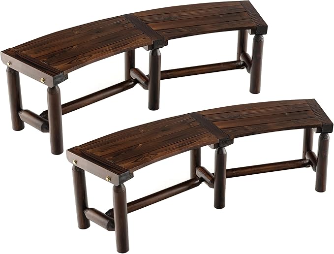 Tangkula Patio Curved Bench Set of 2, Carbonized Wood Dining Bench, Spacious & Slatted Seat, 710 LBS Max Load - Photo 1